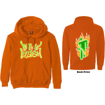 Billie Eilish Unisex Pullover Hoodie: Airbrush Flames Blohsh (Orange) (Back Print)